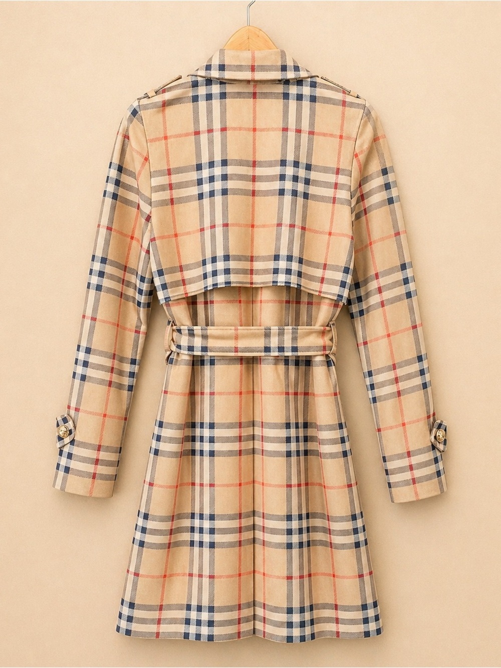 NYGÅRD Trench Coat Plaid Beige Red Blue Belted Classic Long Coat - Picture 3 of 9